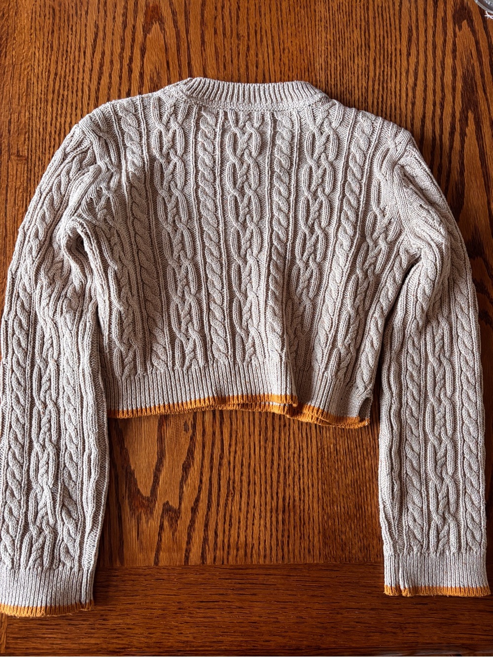 Cynthia Rowley Light Tan Cable Knit Cropped Sweater w/ Mustard Trim ~ Girls 7/8 - Picture 2 of 6